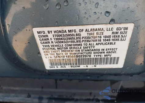 2006 Honda Pilot Ex-L z USA, uszkodzony, nr VIN 5FNYF18566B022070